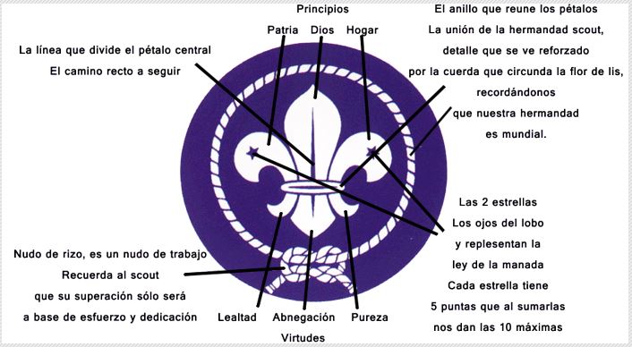 Diagrama explicativo de cada elemento del símbolo Scout de la Flor de Lys